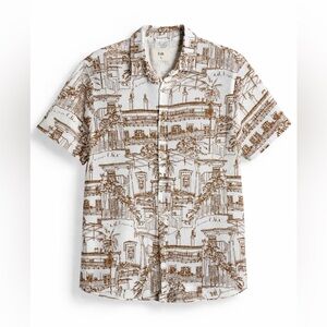 Folk Camp Shirt City Sketch Print Button Up Short Sleeve Men Size S Brown Resort